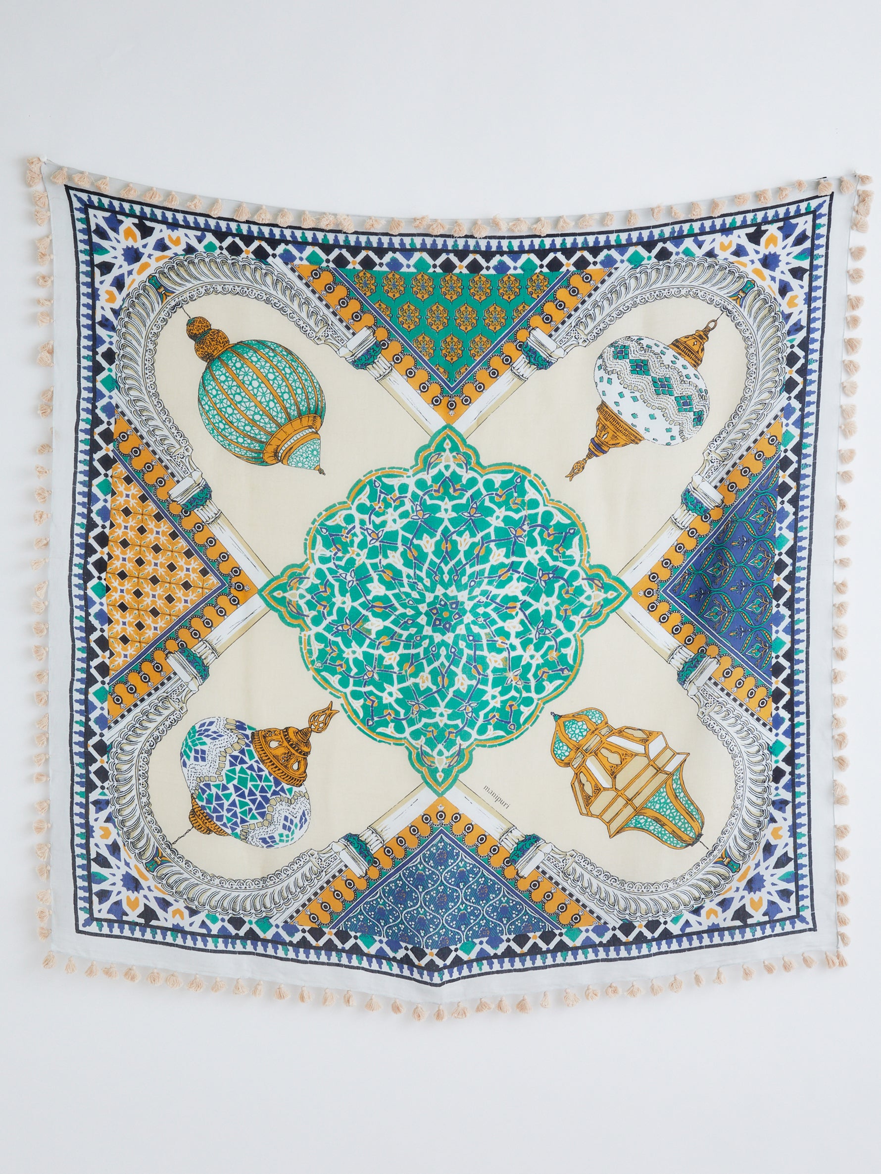 manipuri コットンシルクストール ポンポン付き コットンシルクストールポンポン120＞ランプ – manipuri