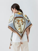 <リネンミックスストールタッセル付き120>コラージュサークルフラワー