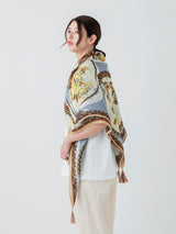 <リネンミックスストールタッセル付き120>コラージュサークルフラワー