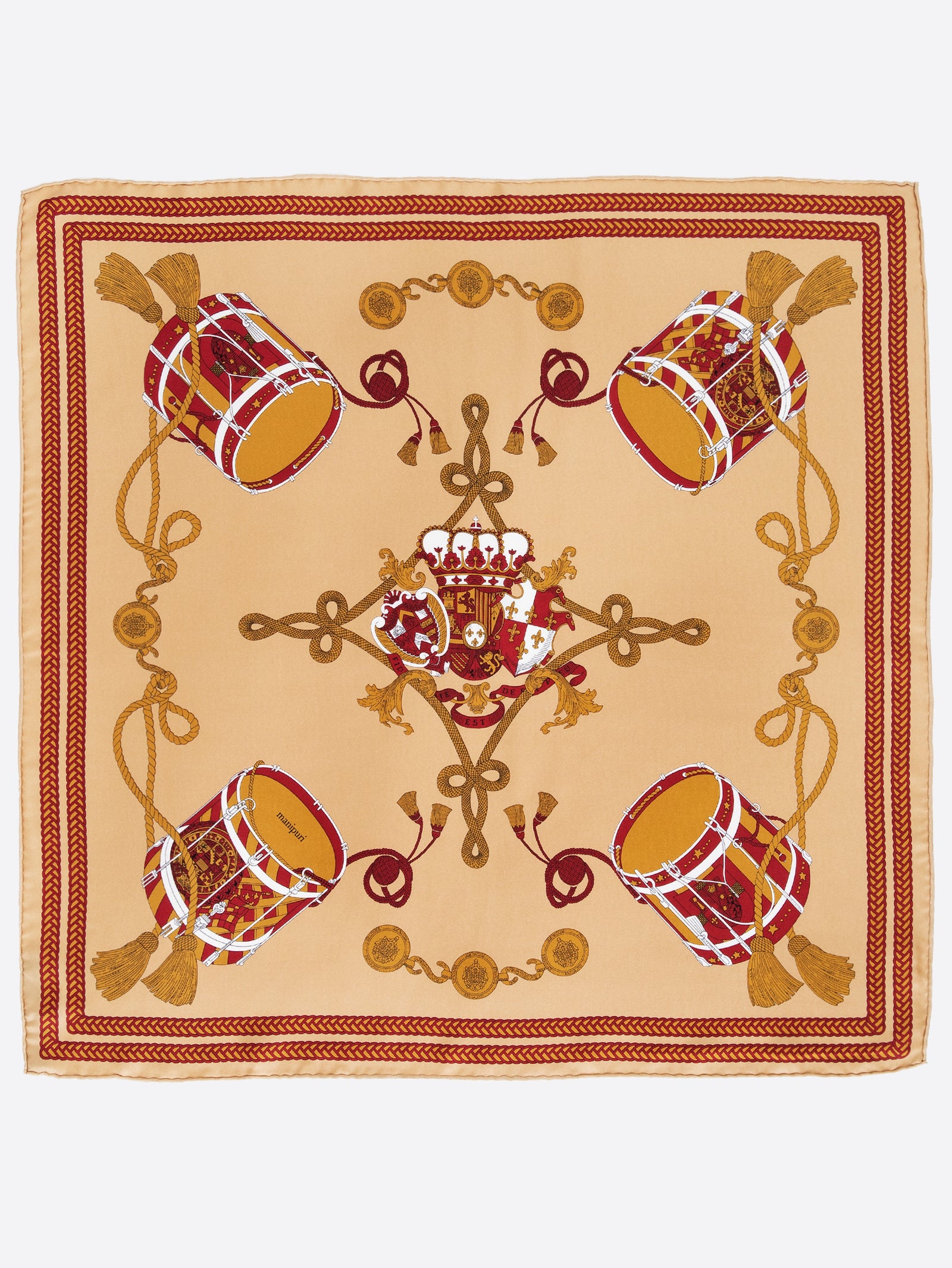 新品タグ付 manipuri シルク100% ドラム柄スカーフ ベージュ シルクスカーフ65＞ドラム – manipuri