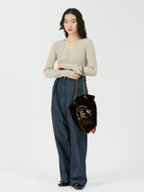 VELVET EMBROIDERED TOTE BAG L / HOT WINE