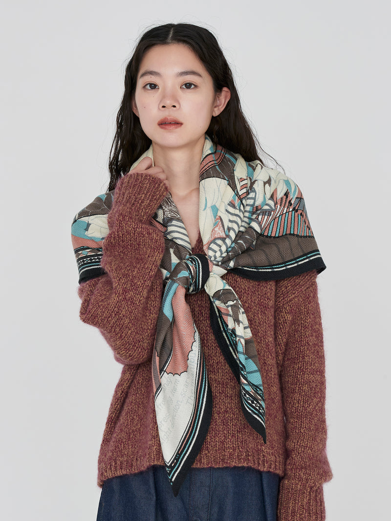 &lt;Wool Silk Stole Herringbone Weave 120&gt; Collage Dahlia Rondo