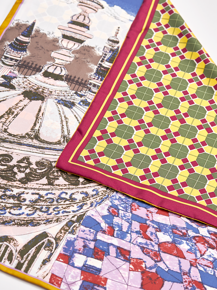 ダブルフェイスシルクスカーフ65＞クイル&ジオメトリックプラッド