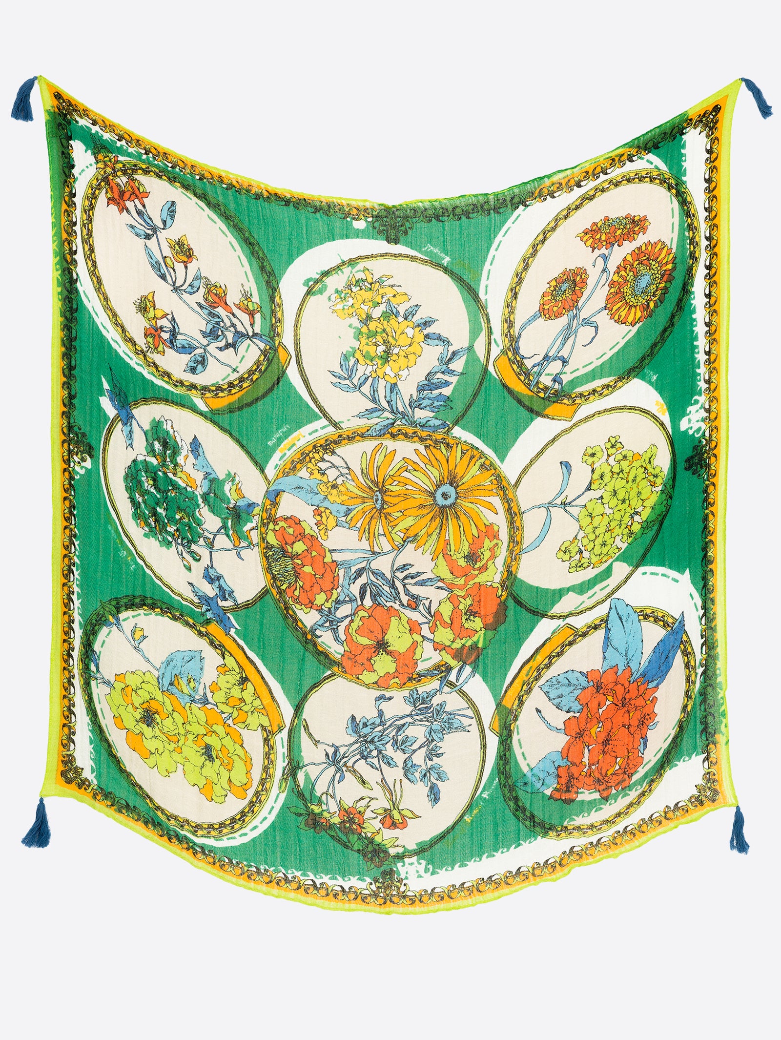 リネンミックスストールタッセル付き120＞コラージュサークルフラワー